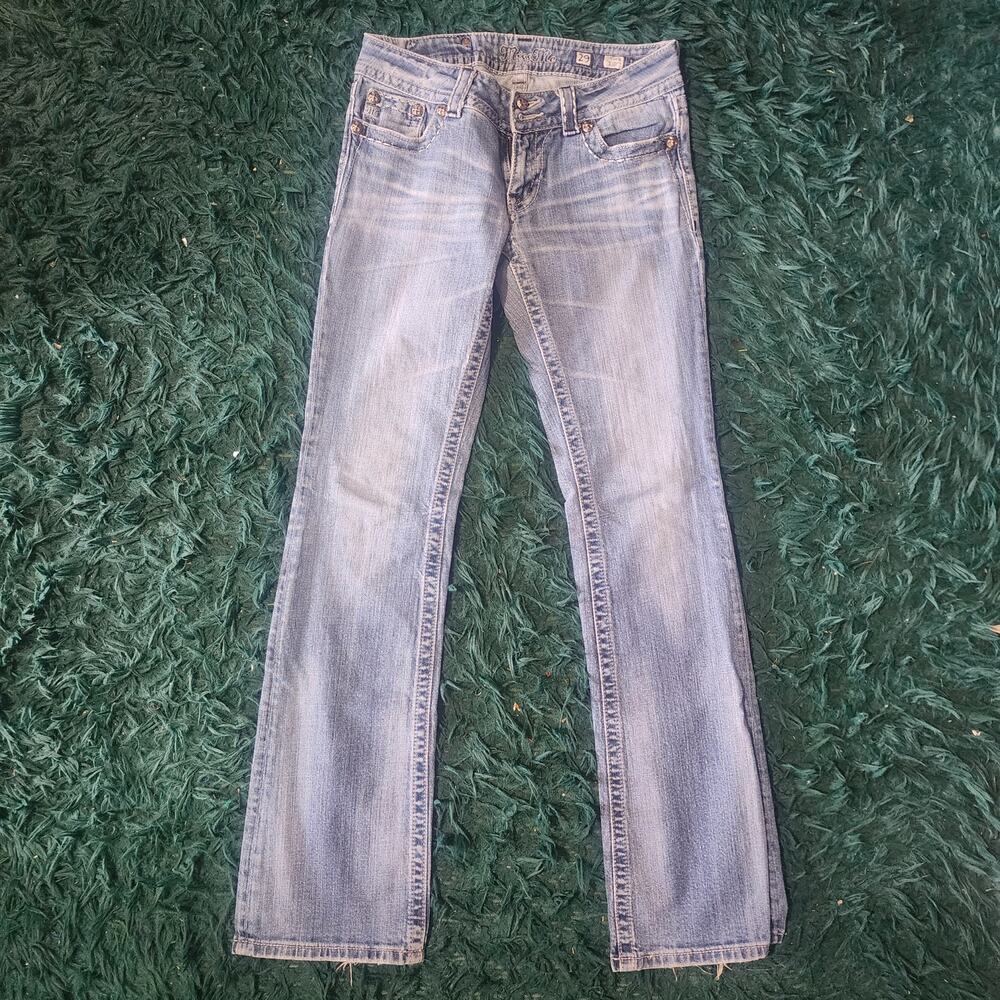 Miss Me Bootcut Jeans Size 29 Y2K Fleur De Lis Pocket Denim Wash